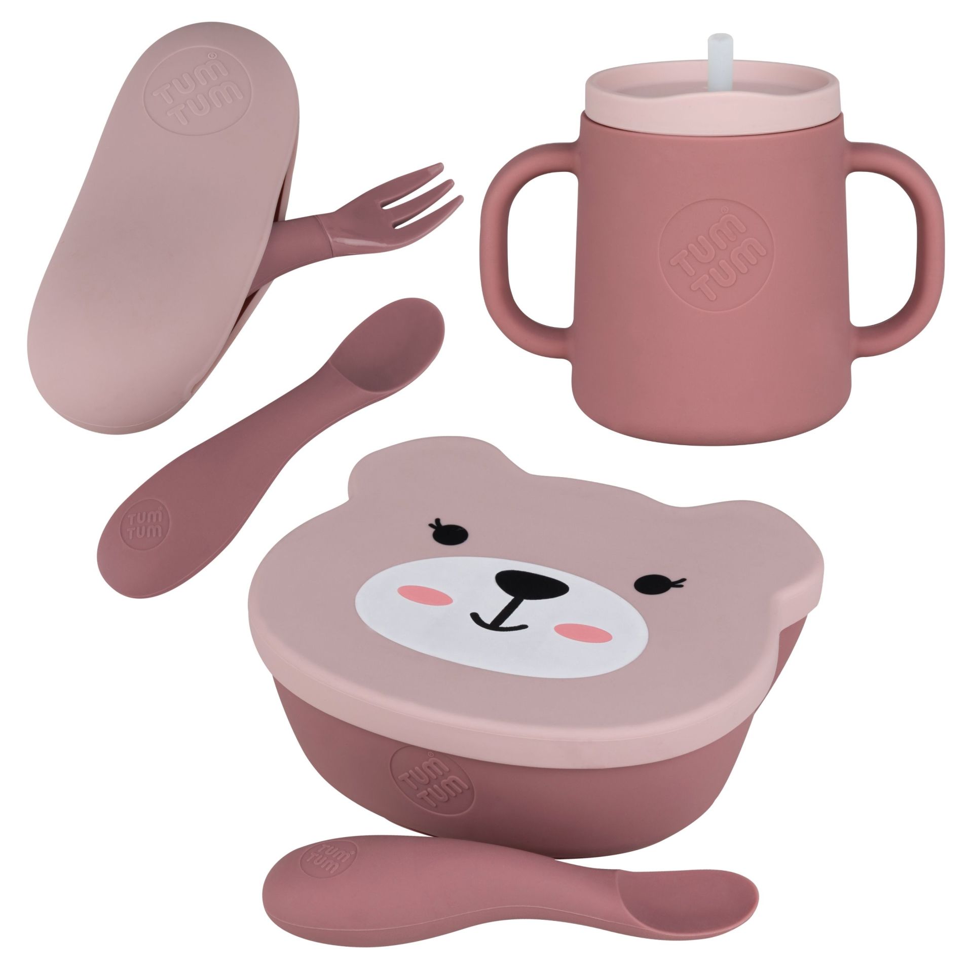TumTum Silikon Alıştırma Bardağı / Vakumlu Mama Kasesi / Kutulu Mama Kaşık ve Çatal Seti Betsy Bear