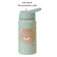 Saro 350ml  Yalıtımlı Paslanmaz Çelik Pipetli Matara / Suluk Termos Jungle Cheetah