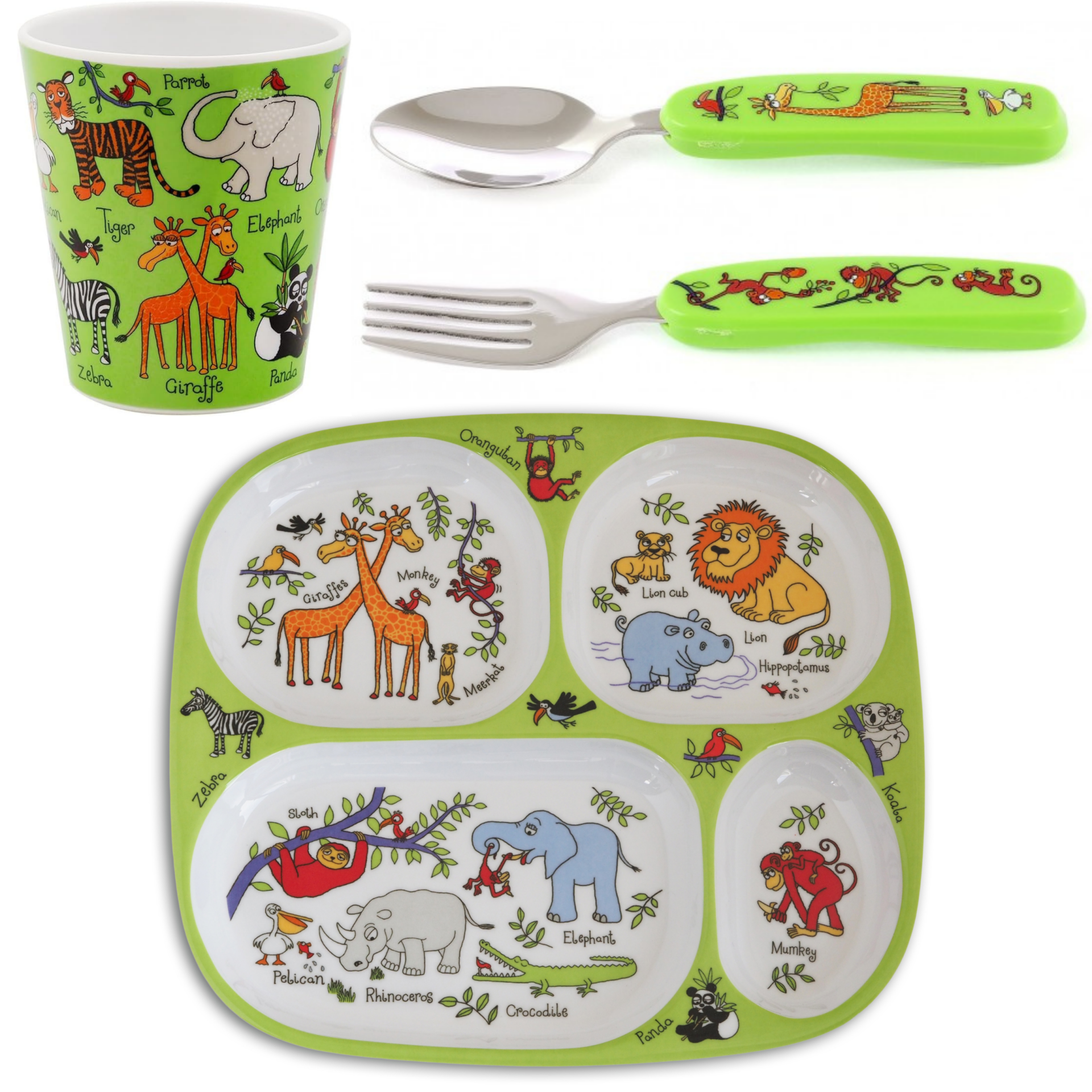 Melamin Bölmeli Tabak / Alıştırma Bardağı / Kutulu Çatal Kaşık Seti JUNGLE