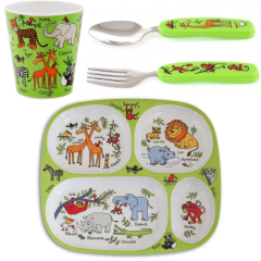 Melamin Bölmeli Tabak / Alıştırma Bardağı / Kutulu Çatal Kaşık Seti JUNGLE