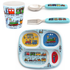 Melamin Bölmeli Tabak / Alıştırma Bardağı / Kutulu Çatal Kaşık Seti Trains