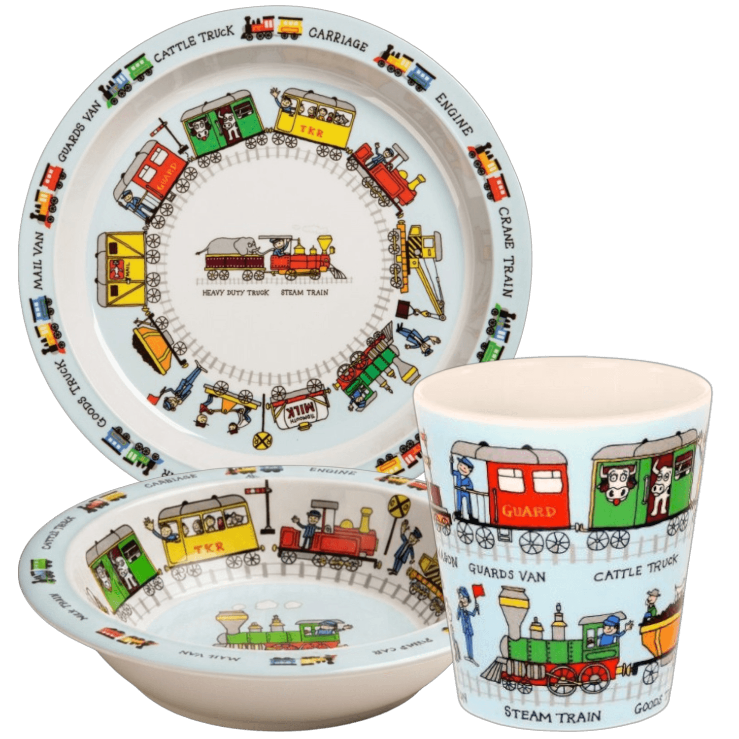 Melamin Mama Tabağı, Kasesi ve Alıştırma Bardağı - Trains