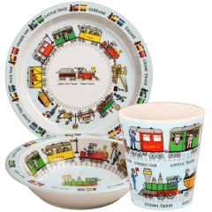 Melamin Mama Tabağı, Kasesi ve Alıştırma Bardağı - Trains